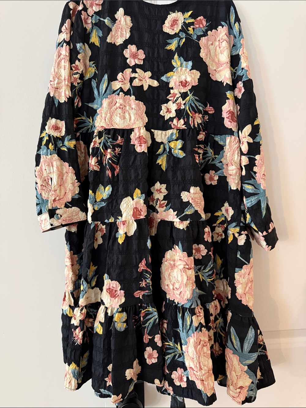 Zara Black Floral Tiered Midi Dress with Pink Roses XS oversized